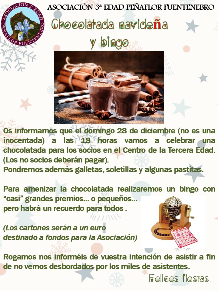 Chocolatada navideña y bingo para despedir el año en Fuentenebro organizado por la asociación Peñaflor